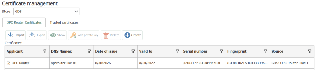 Certificate Management opc router 5.7
