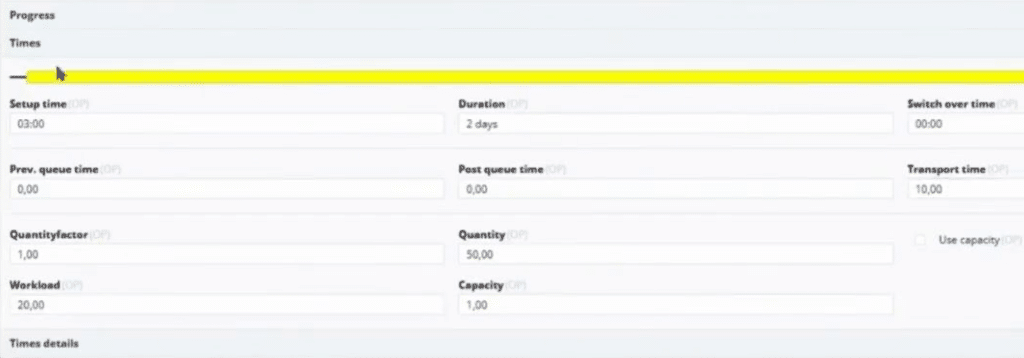 Exploration des détails de la gamme (routing). On visualise la décomposition précise : 3h de réglage, 20h de charge, 10h de transport