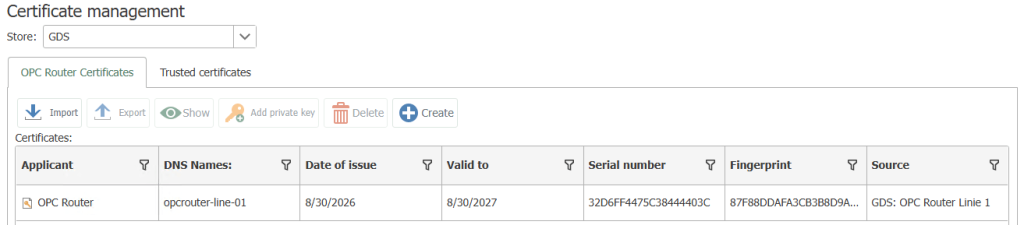 OPC Router 5.7 Certificate management