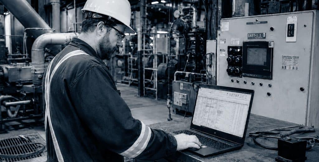 Operatør bruker Excel som vedlikeholdssystem ute i produksjonen.